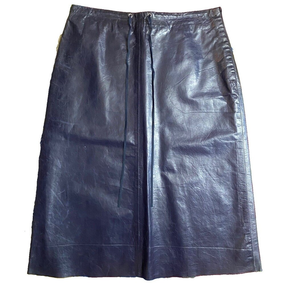 Vintage Y2K Banana Republic Leather Midi Skirt Sz 2 Navy Blue Elevated Basic